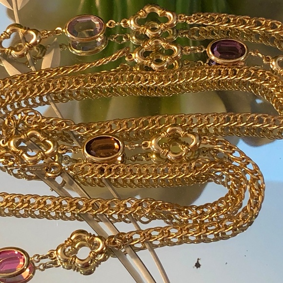 VTG 70s Gold Tone Dbl Curb Fancy Chain 36" Opera Length Necklace/Colored Stones - Picture 10 of 12